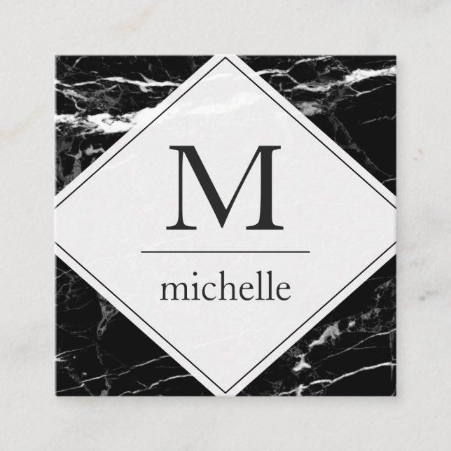 Modern Minimal Black White Marble Monogram Logo Square Business Card (Front)