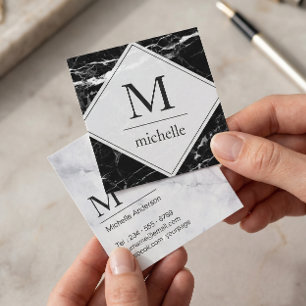 Modern Minimal Black White Marble Monogram Logo Square Business Card