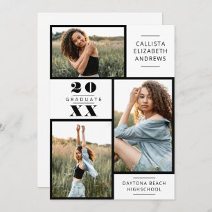 Modern Minimal Black White Photo Grid Graduation I Invitation
