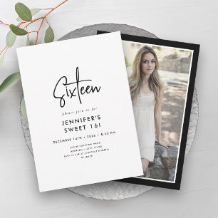Modern Minimal Black & White Photo Sweet 16  Invitation