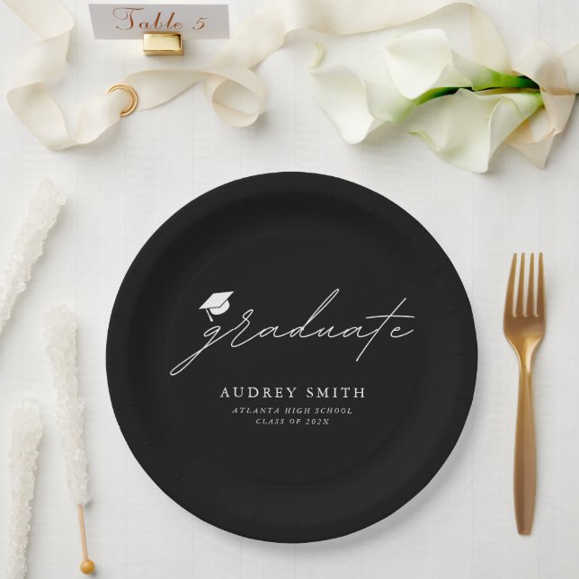Modern Minimal Black White Script Graduation Party Paper Plate (Wedding)