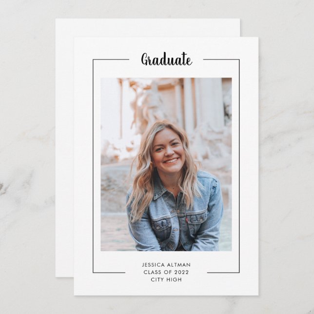 Modern Minimal Black White Script Photo Graduation (Front/Back)