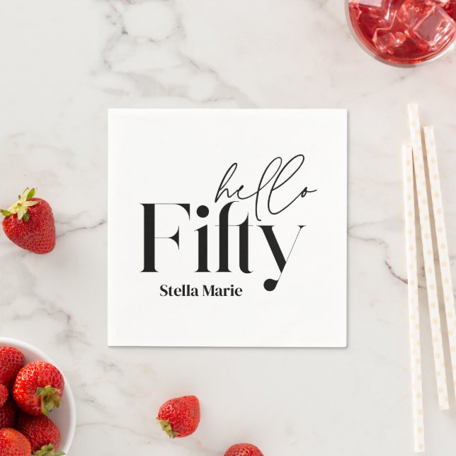 Modern minimal black white simple 50th birthday napkin (Insitu)