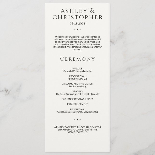 Modern Minimal Black & White Wedding Ceremony Programme (Front)