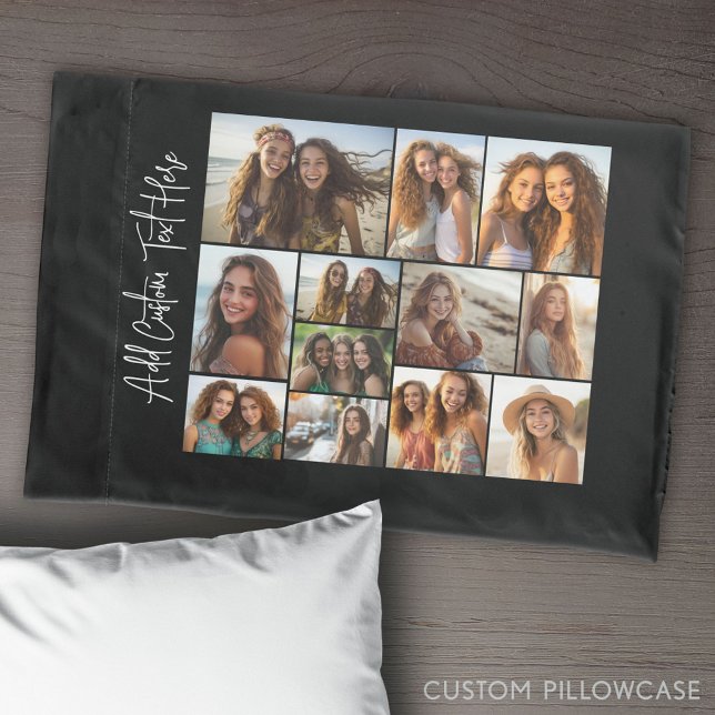 Modern Minimal Black with 12 Photo Gallery Pillowcase (Create Your Own Photo Collage Pillowcase)