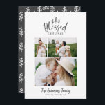 Modern minimal blessed Christmas rustic 3 photo Holiday Card<br><div class="desc">Modern minimal blessed Christmas rustic stylish photo holiday card. With modern hand drawn text and trees. Backer colour can be customised.</div>