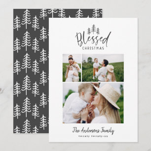 Modern minimal blessed Christmas rustic 3 photo Holiday Card