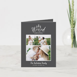 Modern minimal blessed christmas rustic 3 photo holiday card