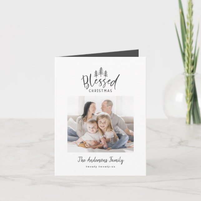 Modern minimal blessed Christmas rustic photo Holiday Card (Front)