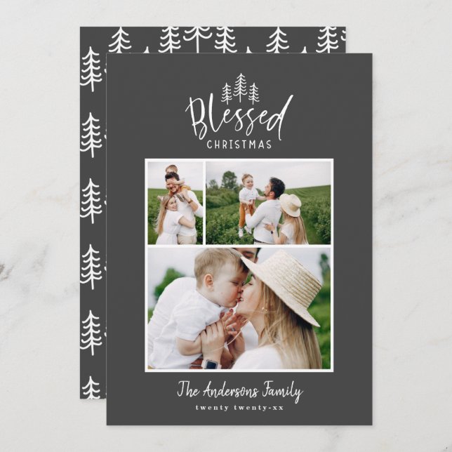 Modern minimal blessed Christmas rustic photo Holiday Card (Front/Back)