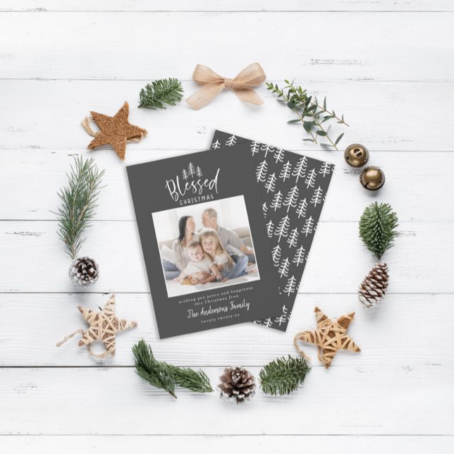 Modern minimal blessed Christmas rustic photo Holiday Card (Creator Uploaded)