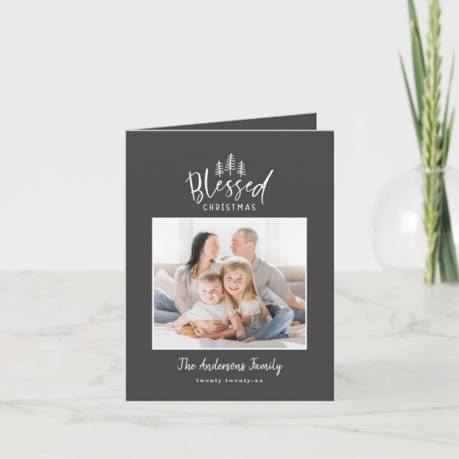 Modern minimal blessed Christmas rustic photo Holiday Card (Front)