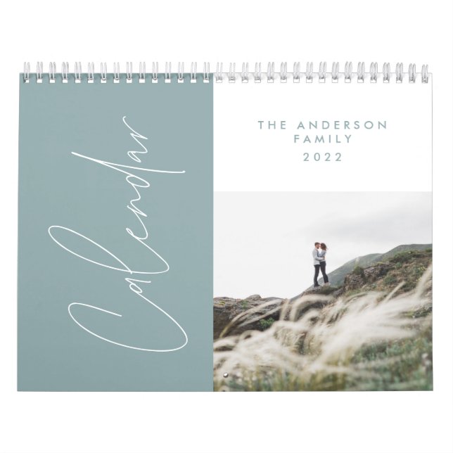 Modern minimal blue 2 photo family elegant calendar (Cover)