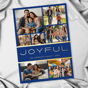 Modern Minimal Blue 7 Photo Collage Joyful Foil Holiday Card