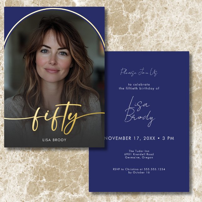 Modern Minimal Blue Arch Fiftieth Birthday (Modern Minimal Blue Arch Fiftieth Birthday Foil Invitation)