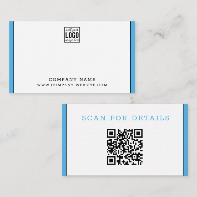Modern Minimal Blue Border Business Logo QR Code Card (Front/Back)
