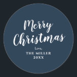 Modern Minimal Blue Merry Christmas Family Classic Classic Round Sticker<br><div class="desc">Contact with me if you need help.</div>