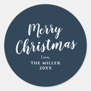 Modern Minimal Blue Merry Christmas Family Classic Classic Round Sticker