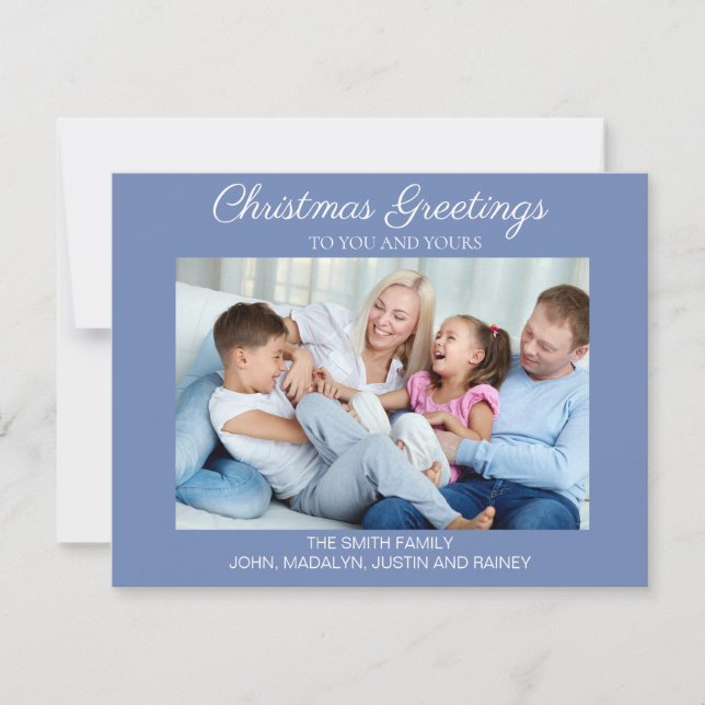 Modern Minimal Blue Photo Merry Christmas Happy Holiday Card (Front)