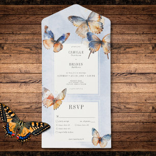 Modern Minimal Blue & Rust Butterflies Dinner All In One Invitation