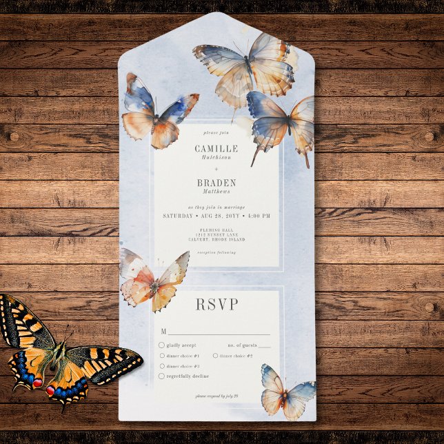 Modern Minimal Blue & Rust Butterflies Dinner All In One Invitation (Modern Minimal Blue & Rust Butterflies Dinner All In One Invitation)