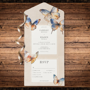 Modern Minimal Blue & Rust Butterflies Tan Dinner All In One Invitation