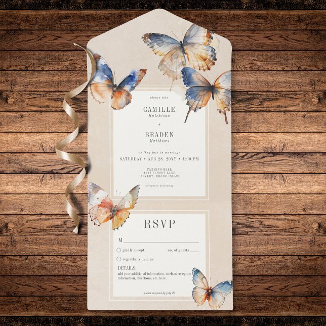 Modern Minimal Blue Rust Butterflies Tan No Dinner All In One Invitation (Modern Minimal Blue & Rust Butterflies No Dinner All In One Invitation)