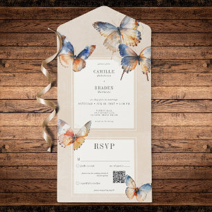Modern Minimal Blue & Rust Butterflies Tan QR Code All In One Invitation