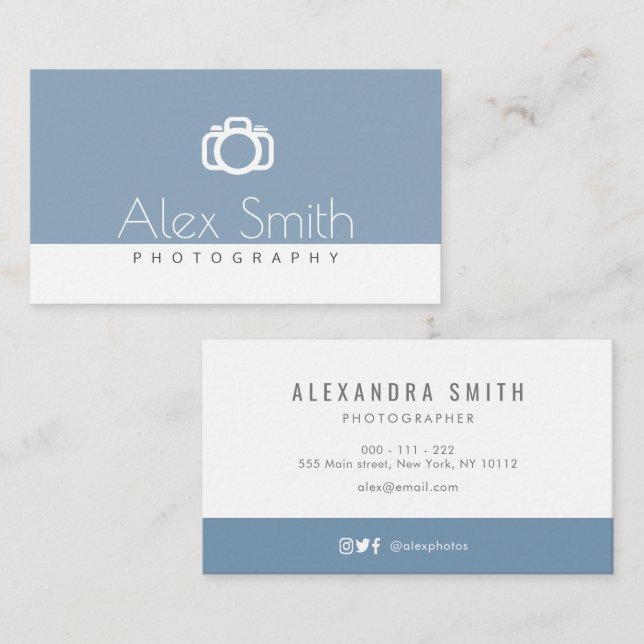modern minimal blue simple text photography business card (Front/Back)