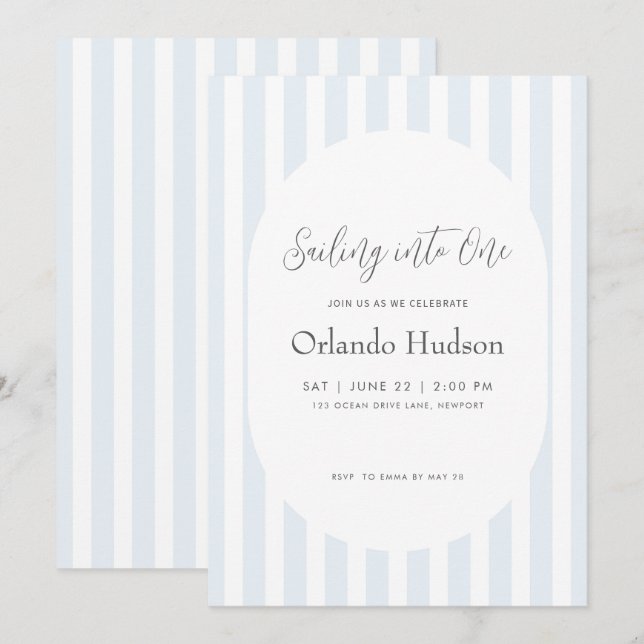 Modern Minimal Blue Stripe First Birthday Invitation (Front/Back)