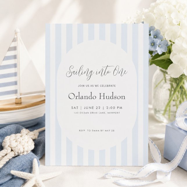 Modern Minimal Blue Stripe First Birthday Invitation (Creator Uploaded)