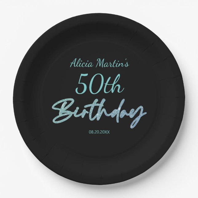 Modern & Minimal Blue Typography Black Birthday Paper Plate (Front)