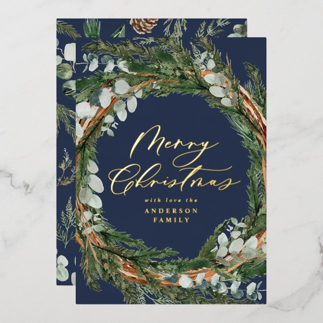 Modern minimal blue watercolor wreath Christmas Foil Holiday Card (Front/Back)