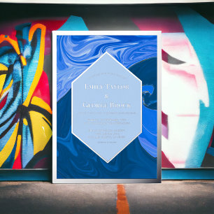 Modern Minimal Blue Waves Abstract Wedding Silver