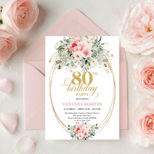 Modern Minimal Blush Floral 80th Birthday Invite