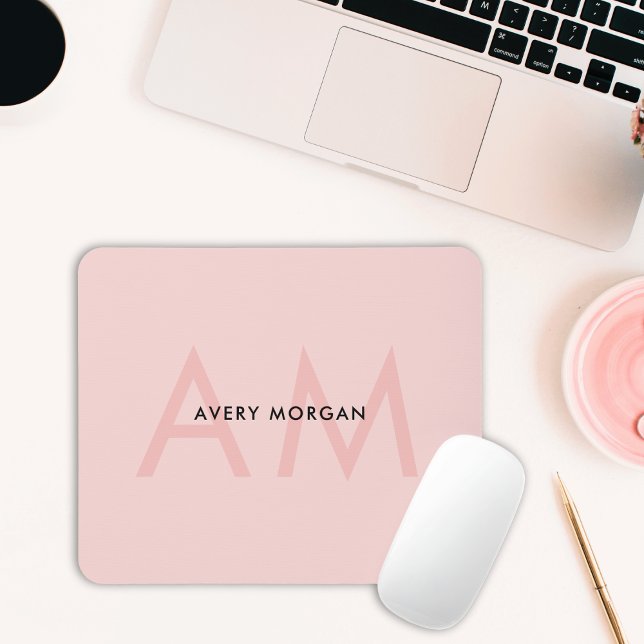 Modern Minimal Blush Pink Monogram Initials Mouse Mat (Creator Uploaded)
