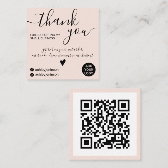 Modern minimal blush pink order thank you qr code square business card (Front/Back)