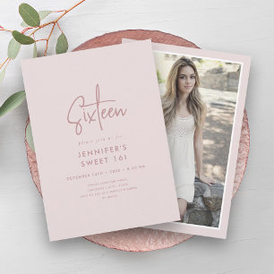 Modern Minimal Blush Pink Photo Sweet 16  Invitation