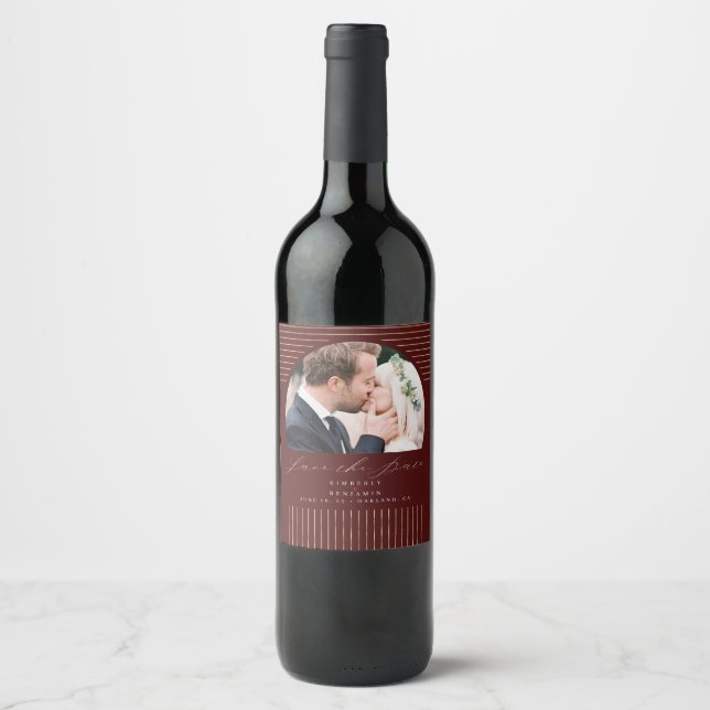 Modern Minimal Bohemian Save The Date Photo Wine L Label (Front)