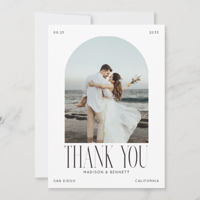 Modern Minimal Boho Arch Wedding Thank You Card (Front)