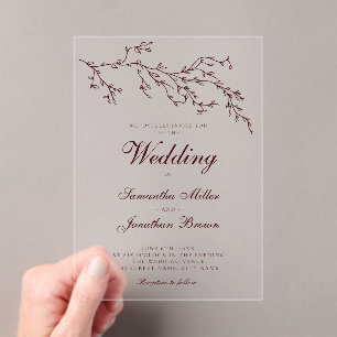 Modern Minimal Botanical Burgundy Wedding Acrylic Invitations
