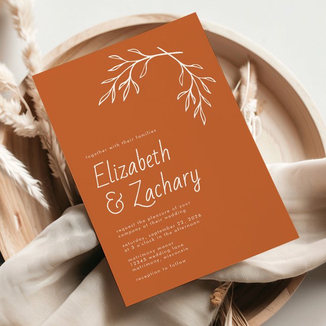Modern Minimal Botanical Burnt Orange Wedding Invitation (Creator Uploaded)