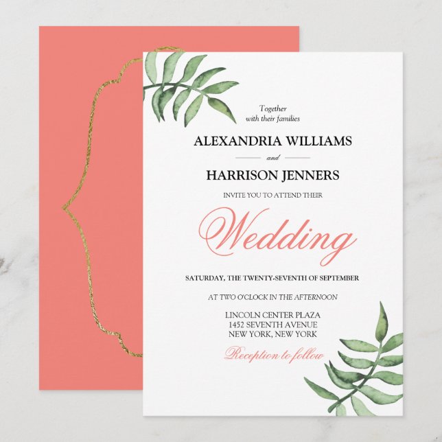 Modern Minimal Botanical Coral Green Wedding Invitation (Front/Back)