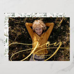 Modern minimal botanical joy script Christmas Foil Holiday Card