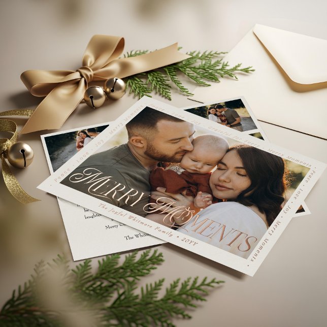 Modern Minimal Bow Merry Moments Photo Collage Foil Holiday Card (Modern Minimal Bow Merry Moments Photo Collage Foil Holiday Card)