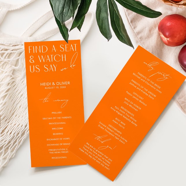 Modern Minimal Bright Orange Wedding Programs (Creator Uploaded)