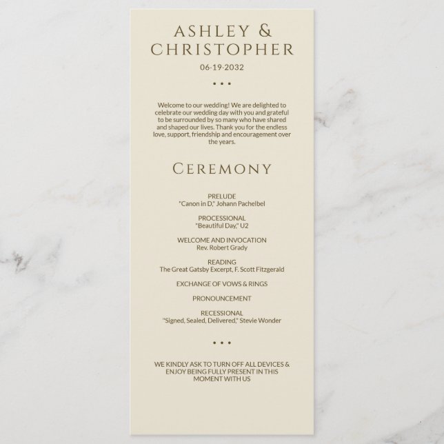 Modern Minimal Bronze & Gold Wedding Ceremony Programme (Front)