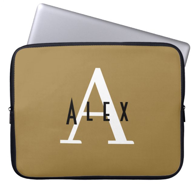 Modern Minimal Bronze Initial + Name Monogram Laptop Sleeve (Front)