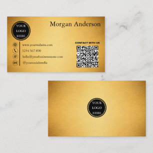 Modern Minimal Brushed Gold Metal Effect QR Code  Business Card