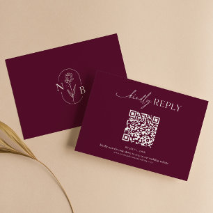 Modern Minimal Burgundy Boho Wedding QR Code RSVP Card
